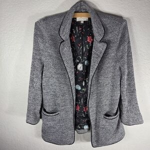 Skies Are Blue Knit Light Grey Open Front Blazer Size M Black Floral Lining